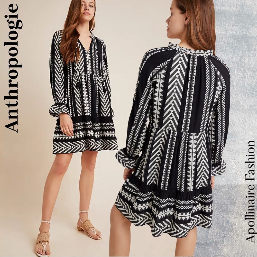 Anthropologie Dominique Tunic Dress in Black White Patterns Medium New